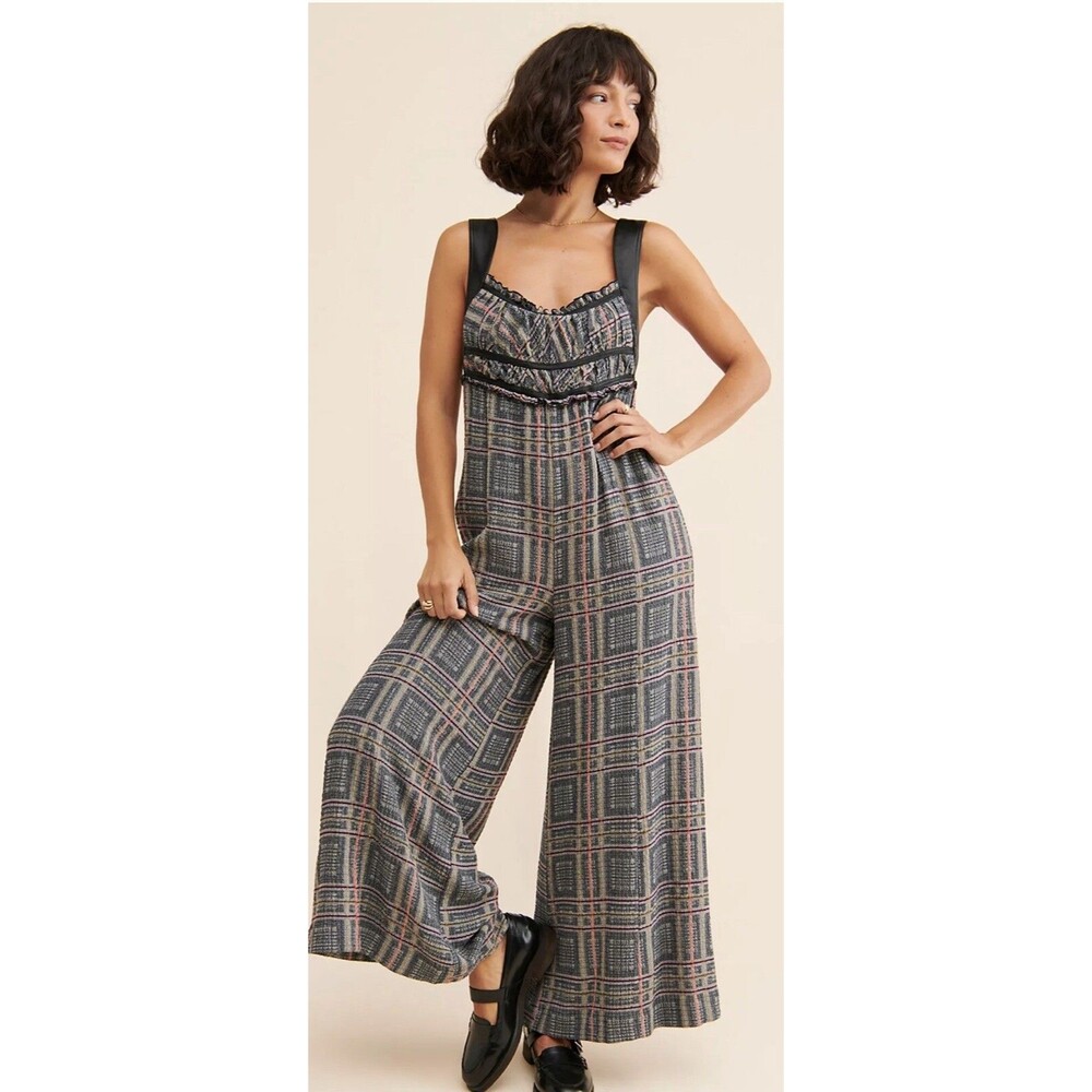 Free People Jumpsuit Marley Gray Plaid Leather Strap Boho Preppy Size XS NWT